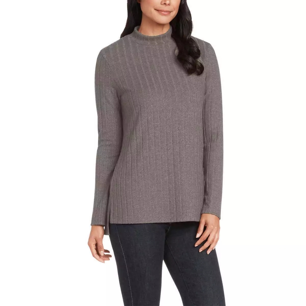 Matty M Women's Mock Neck Ribbed Tunic Top, Heather Pebble, Size L - Picture 2 of 5